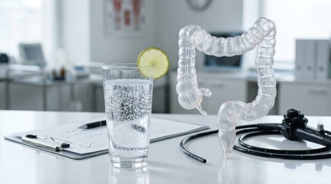 A clear glass of sparkling water with rising bubbles stands beside a translucent colon diagram, medical clipboard, and endoscopic tube on a sterile white table, linking beverage carbonation with
