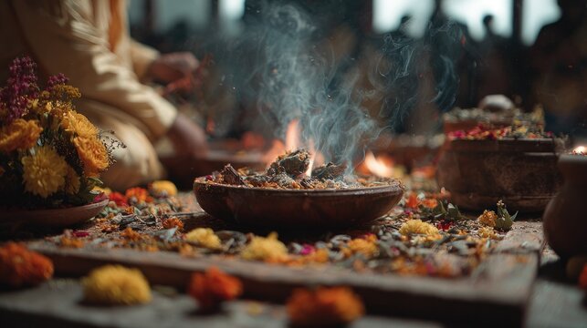 Ceremonial fire bowl with flowers and smoke during a ritual.