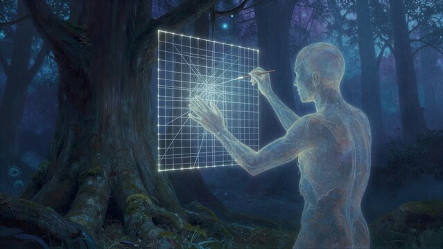A translucent figure draws glowing grid in mystical forest at twilight.