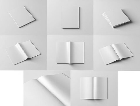 Collection of white blank book mockups in various orientations on gray background