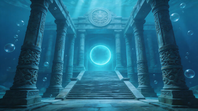Underwater ancient temple with glowing portal