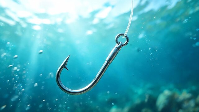 Close up view of a fish hook underwater, highlighting the intricacies of fishing gear