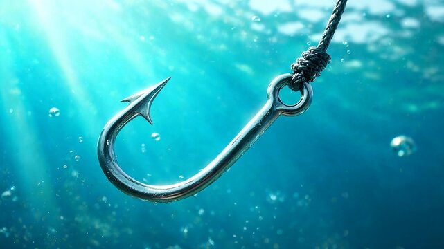 Close up view of a fish hook underwater, highlighting the intricacies of fishing gear