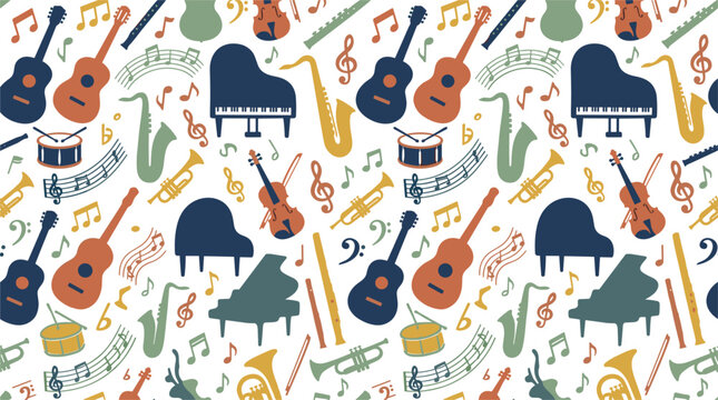 Seamless Musical Instruments Pattern Featuring Guitars, Piano, Violin, Saxophone, Trumpet, Drum, Notes, and Orchestra Elements for Textile and Wallpaper Designs