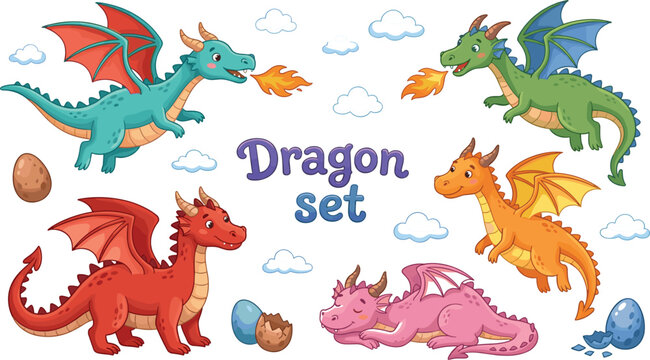 Set of cute cartoon dragon characters in various poses with colorful wings and eggs for children's fantasy illustration.
