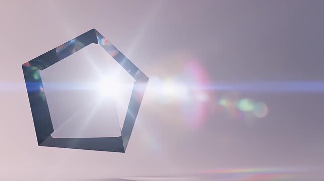 Abstract geometric crystal pentagon shape with bright light flare and rainbow bokeh background for creative graphic design