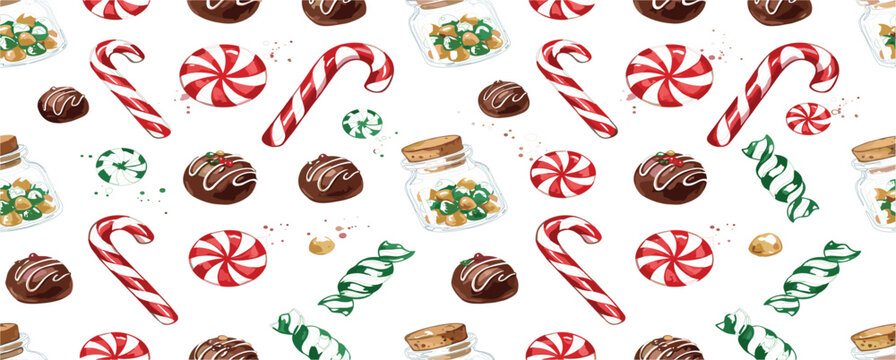 Seamless Watercolor Christmas Candy Pattern Featuring Candy Canes, Peppermints, Chocolate Truffles, Wrapped Sweets, and Festive Holiday Dessert Background