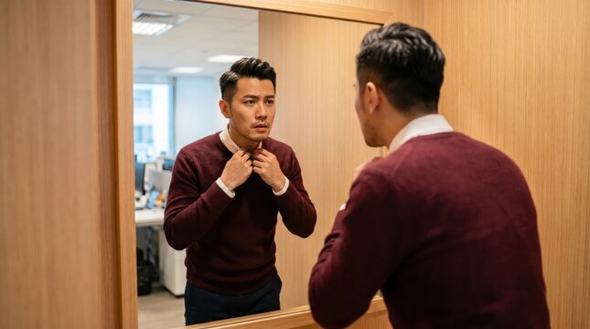 Generative AI, Asian businessman adjusting collar looking in office mirror
