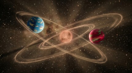 Fototapeta premium A bizarre exoplanet system unfolds around a dim brown dwarf, with two colorful planets on tilted orbits, faint dusty rings, and a starfield backdrop, visualizing orbital resonance, gravitational