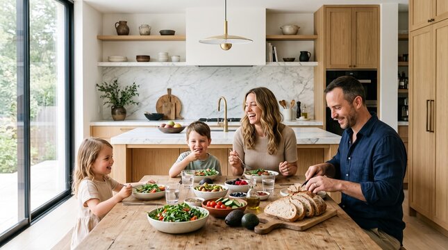 Happy family enjoying a healthy meal together at a modern kitchen island dining table