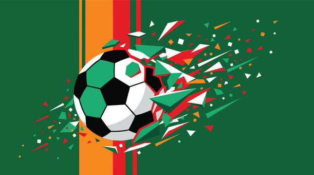 Soccer ball exploding into geometric shards with high-speed motion in a modern flat vector design for athletic branding