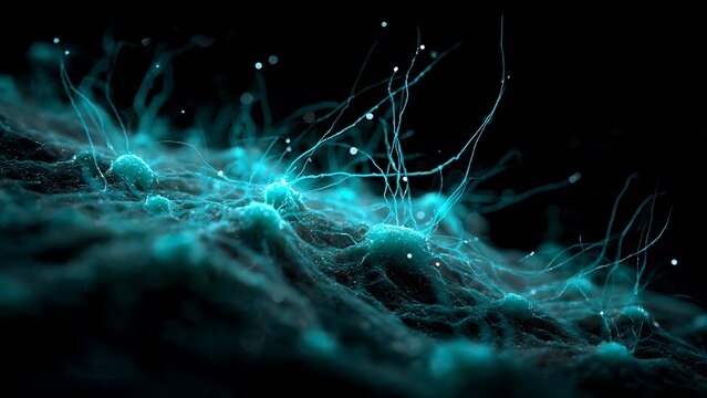 Microscopic view of glowing bioluminescent cells or neurons firing with synapses, showing intricate organic textures and tendrils on a dark background, representing creative science concept.