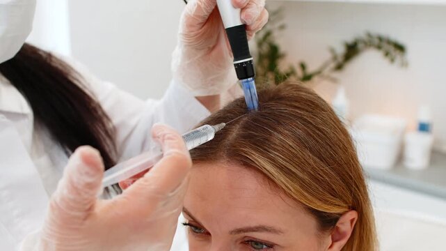 Female trichologist in gloves performs scalp mesotherapy for Caucasian woman, applying vitamin serum with syringe and dermapen. Hair clinic client receives professional alopecia care treatment indoors