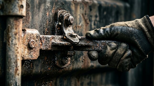 Worker in dirty gloves operating a rusty latch on a weathered metal surface