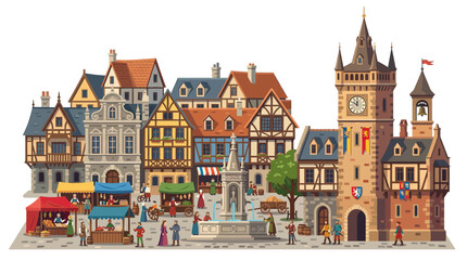 Medieval Town Square with Market and Clock Tower - Pixel Art Illustration © gedang