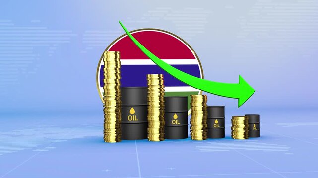 Gambia Oil Prices Decline with Oil Barrels, Gold Coins and Downward Green Arrow, 3D Economic and Financial Market Concept