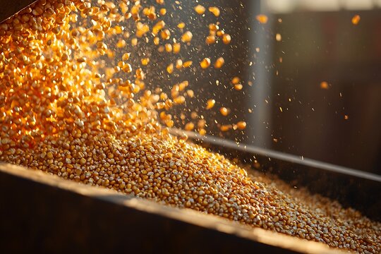 Golden corn kernels cascade in a stream of light during harvest and processing