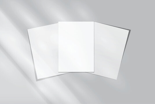 Blank white A4 paper sheets mockup on background with elegant organic shadow overlay. Perfect for displaying stationery designs, flyers, posters, branding, Ads and print design presentations