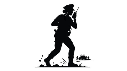 Naklejka premium Black silhouette of a female police officer wearing a uniform and hat while talking into her portable radio device in a professional outdoor law enforcement setting