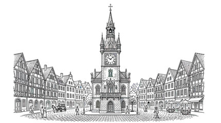 Fototapeta premium Historic Town Square with Clock Tower and Old Buildings, Black and White Sketch