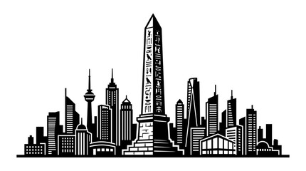 Fototapeta premium Modern Cityscape with Ancient Egyptian Obelisk Silhouette