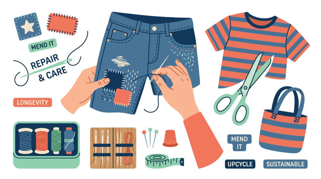 Handcrafted Clothing Repair and Sustainable Upcycling Kit Featuring Sewing Tools and Fabric Mending Elements for Conscious Fashion Enthusiasts