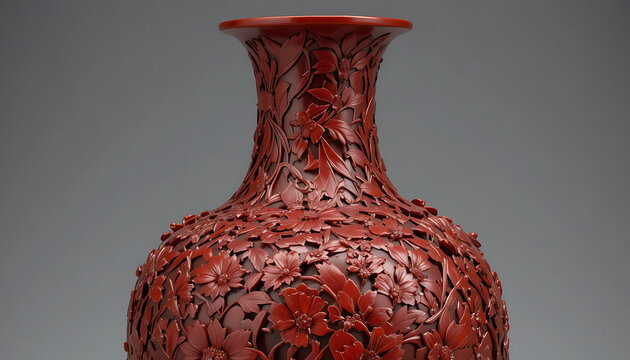 Close-up of intricately carved red lacquer vase featuring detailed floral design with raised flowers and leaves