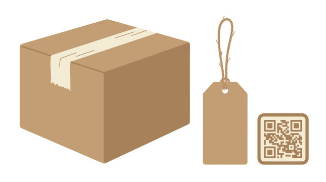 Vector illustration of cardboard box with shipping tag and QR code icon for delivery and packaging design