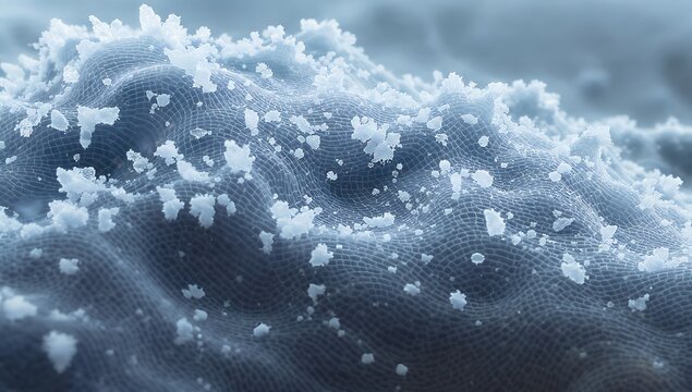 Microscopic view of white salt crystals or powder flakes scattered on a textured blue organic tissue surface with a soft focus bokeh, representing advanced laboratory science or biochemistry.