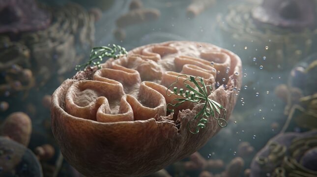 3D cell biology illustration with swollen mitochondria inside a cytoplasm, an Endophilin B1 protein ribbon near the outer membrane, cytochrome c particles drifting outward, and fragmented membrane