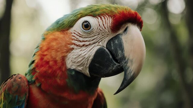 Close-up of a colorful parrot&rsquo;s face, with bright green and red feathers