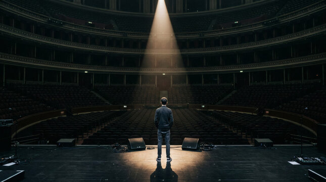 Solitary Performer Stands Alone on Stage Under Spotlight in Empty Auditorium
