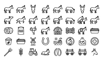 Fototapeta premium Donkey Line Icon Set with Farm Animal Pack Mule Rural Agriculture and Livestock Symbols Editable Vector Collection