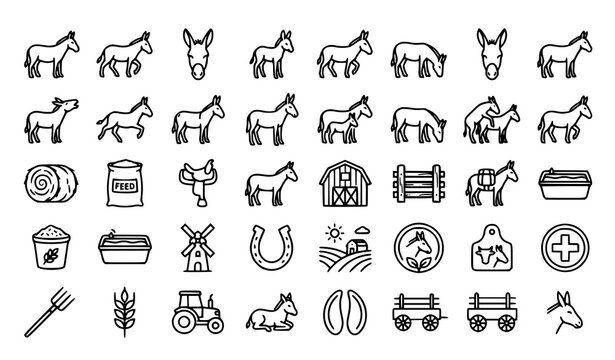 Donkey Line Icon Set with Farm Animal Pack Mule Rural Agriculture and Livestock Symbols Editable Vector Collection