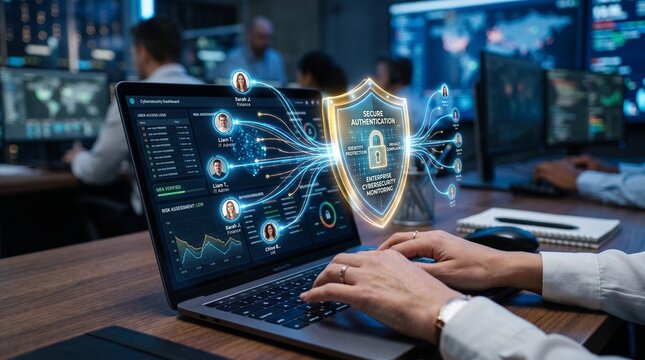 Cybersecurity team monitoring secure authentication and identity protection on laptop in office enterprise risk assessment user access logs mfa verified network security computer screen shield