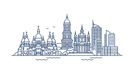 Fototapeta premium Kyiv Skyline Illustration: Orthodox Churches and Modern Buildings, Outline Art