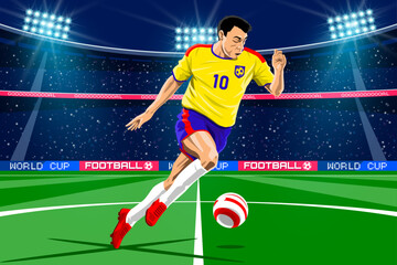 Football player illustration playing with ball in a stadium at night © Geocross