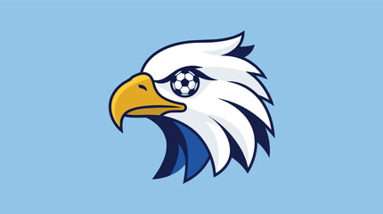 Obraz premium Eagle mascot head profile with soccer ball eye in a vibrant minimalist flat vector style for professional sports branding