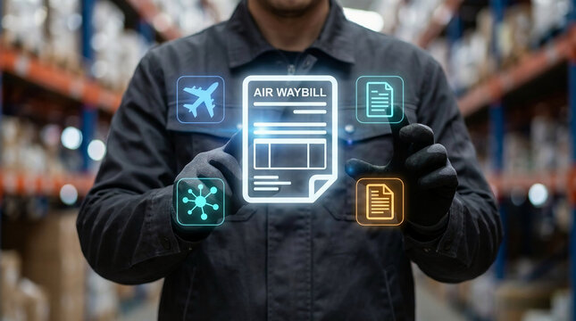 Professional warehouse worker managing digital air waybill via futuristic hologram interface for global logistics and smart freight management.