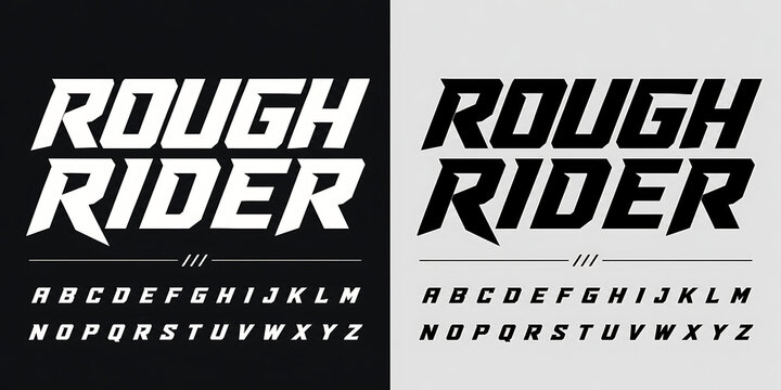 Displaying a bold rough rider font alphabet set on black and white background styles
