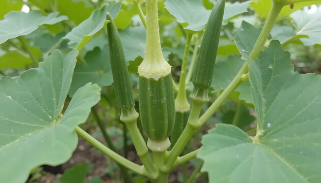 Okra plant with young green pods and broad leaves showing early fruit development