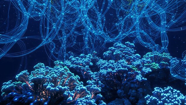 Glowing bioluminescent coral reefs and translucent, glowing tendrils illuminate the deep ocean floor, creating a mesmerizing underwater ecosystem full of mysterious, vibrant marine life.