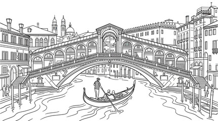 Venice Rialto Bridge and Gondola Sketch - Black and White Outline Drawing © gedang