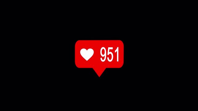 Likes count rising to 951. Animated social media like counter increasing up on alpha channel. Modern notification pop up design for followers, engagement, digital marketing and promotion. 4K Video