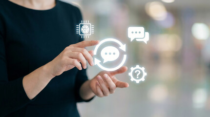 Fototapeta premium Professional woman using AI chatbot interface with digital communication icons for automated customer support and machine learning business solution.