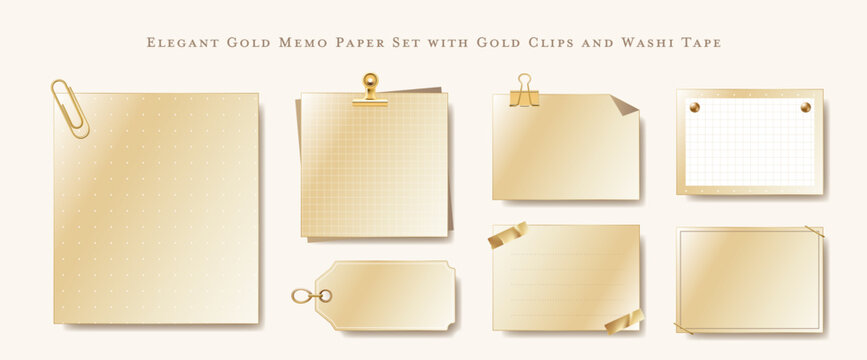 Elegant Gold Memo Paper and Sticky Note Set with Gold Clips and Washi Tape