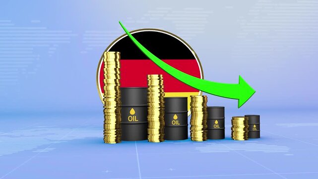 Germany Oil Prices Decline with Oil Barrels, Gold Coins and Downward Green Arrow, 3D Economic and Financial Market Concept