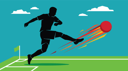 Naklejka premium Football player silhouette launching powerful strike with fiery motion trails in modern flat vector for athletic competition promotion
