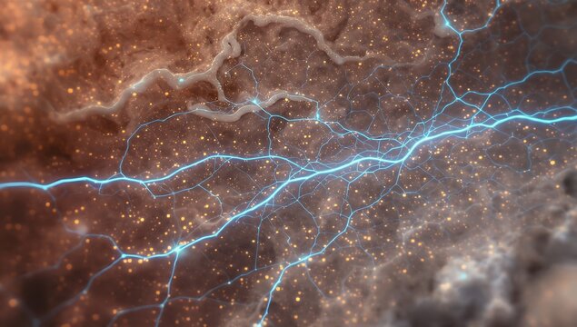 Glowing electric blue lightning or energy pathways surge across a textured, micro-organic brown surface filled with sparkling gold particles, representing data flow or neural impulses.