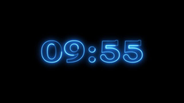 glowing neon 10 minute Countdown. neon 10 to 9 minute Countdown timer on black background. 